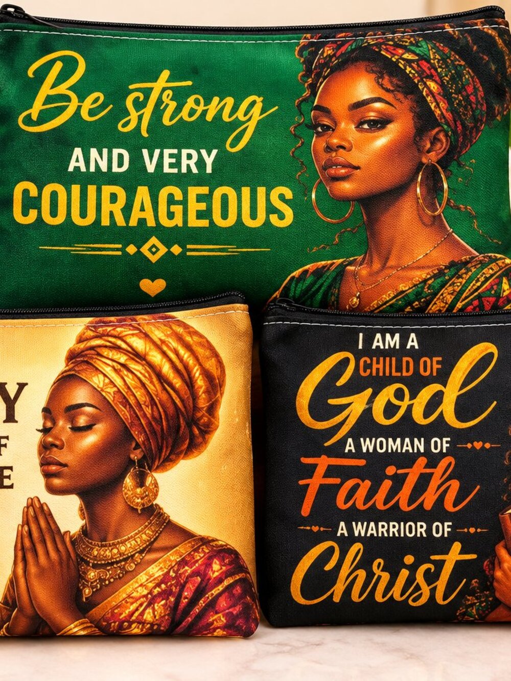 Set of 3 Inspirational Christian Makeup Bags – Black Woman Faith & Affirmation